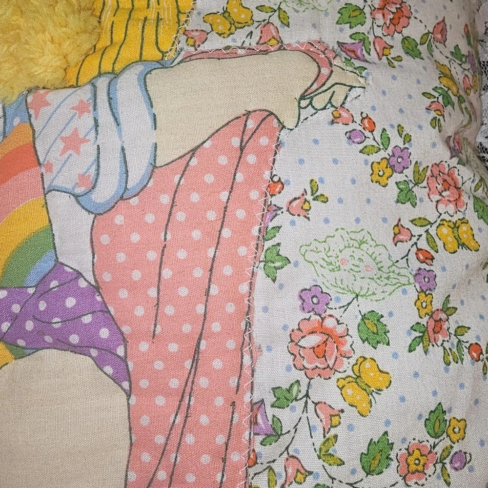 80s Cabbage Patch Kids Lace Trim Throw Pillow Handmade Floral Rainbow Cottage